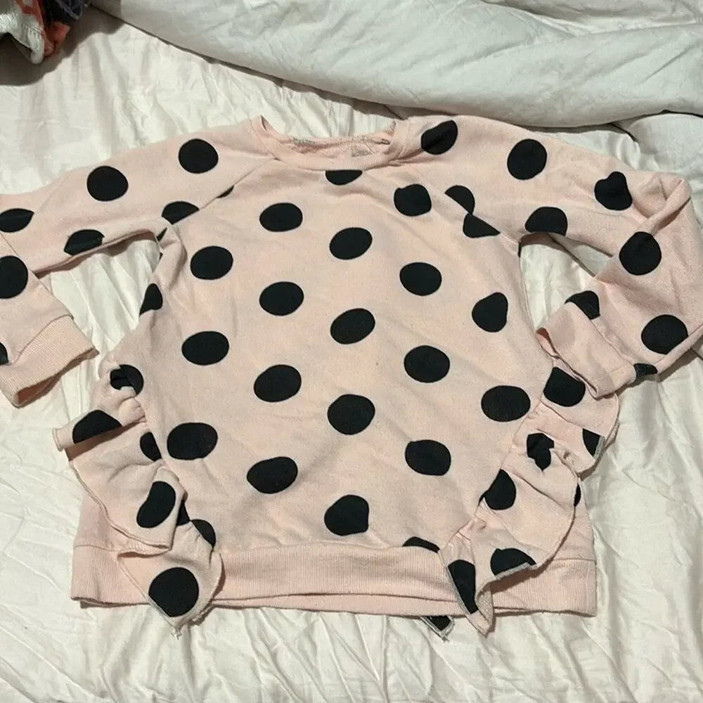Tucker & Tate 6 pink black polka dot sweatshirt ruffled hip area worn once euc